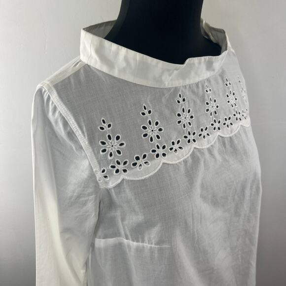 J.Crew White Tunic Top Cotton Scalloped Eyelet Funnel Neck High Low Hem Size 2 - Picture 7 of 14